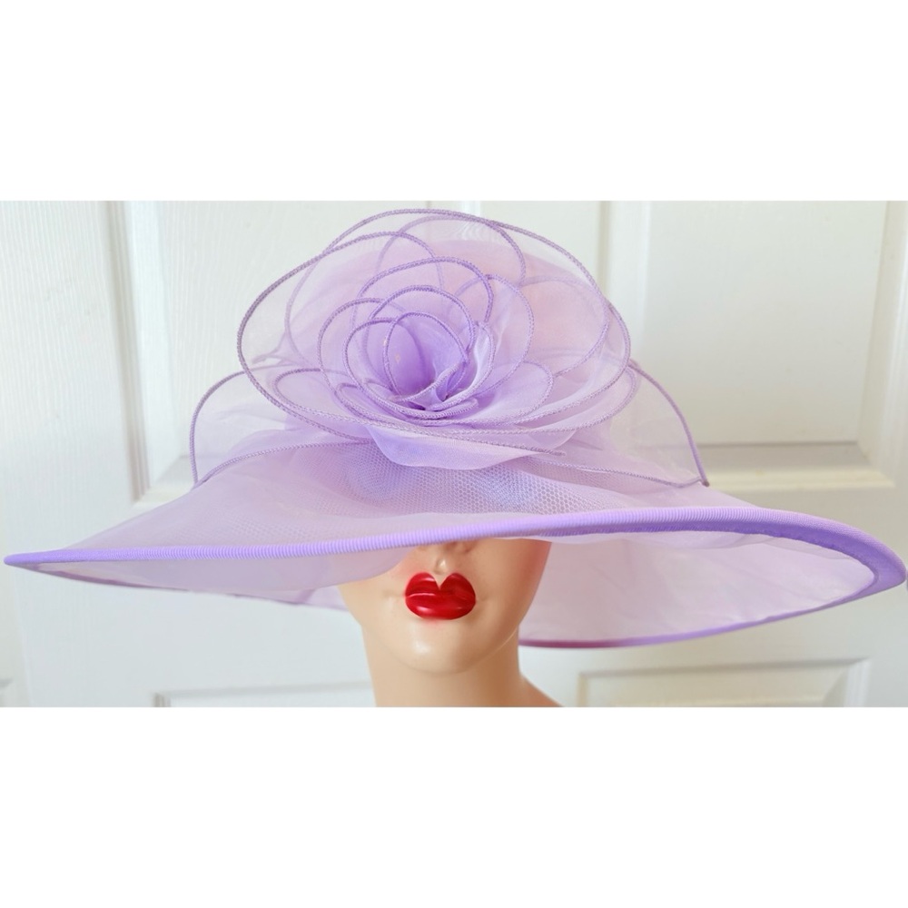 Lavender Wide Brim Church Hat with Decorative Rose